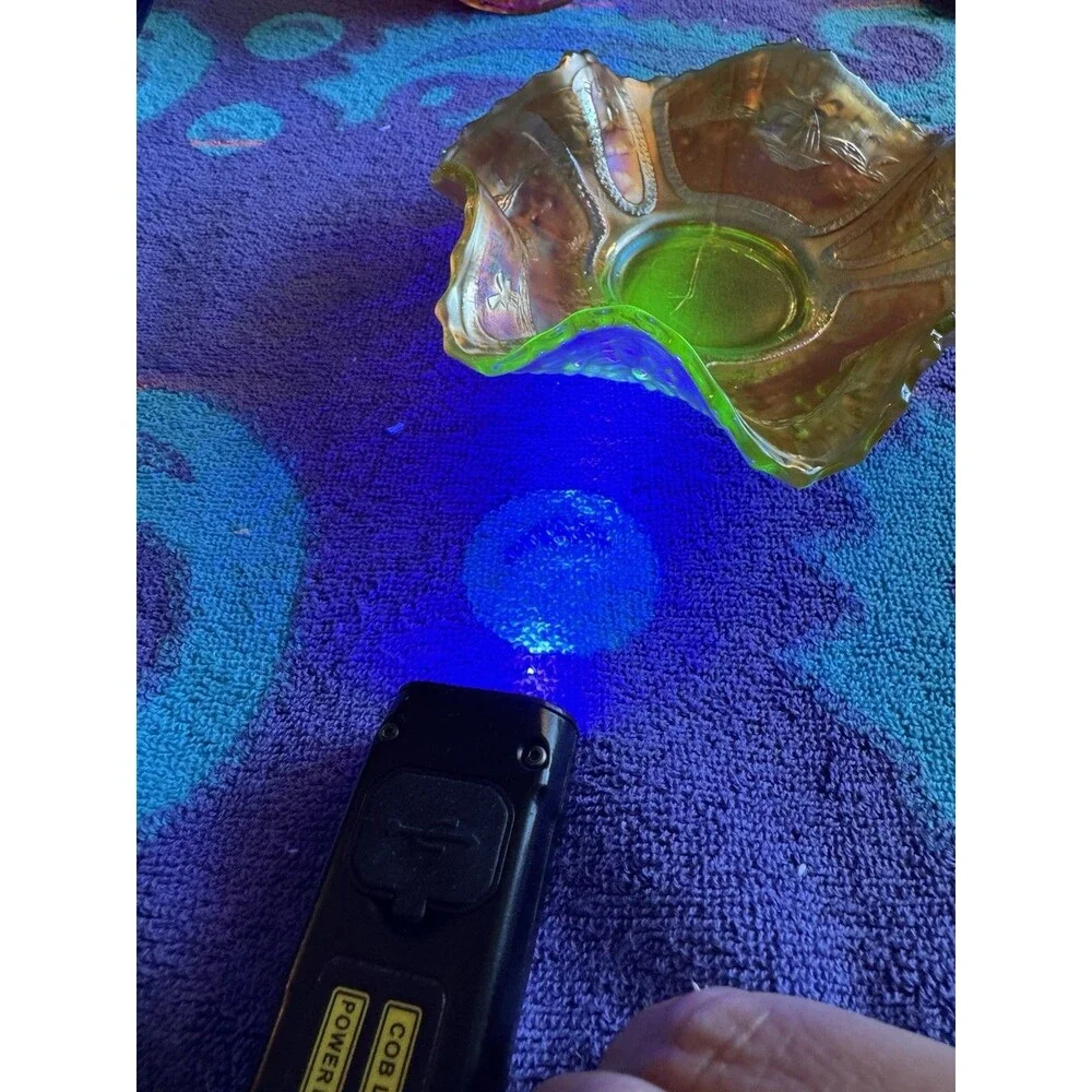 Fenton Sailboat Vaseline Uranium Carnival Glass Ruffled Sauce‎ UV Glow Antique